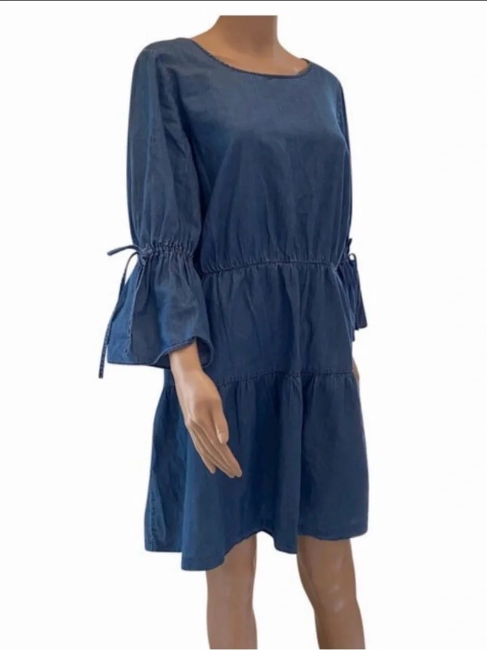 J Crew Blue Tiered Casual Dress with Tie-Sleeves